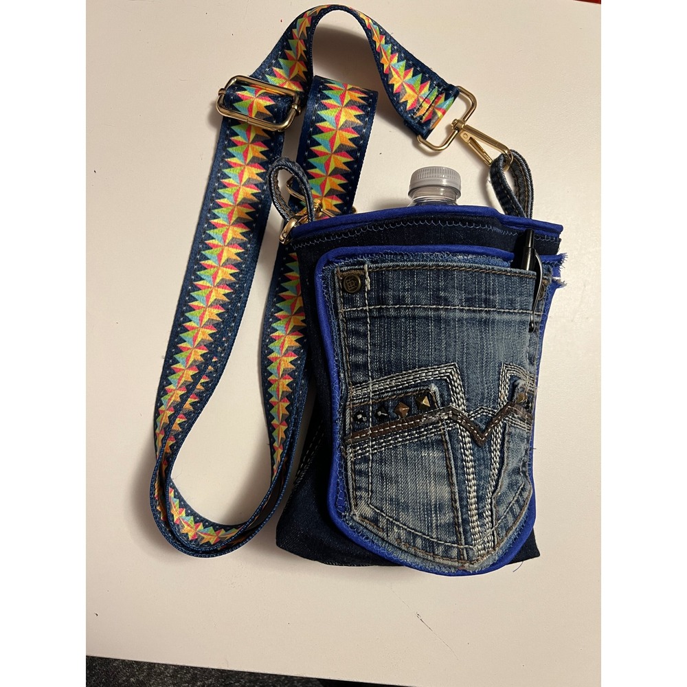 Upcycled Denim Water Bottle Holder Crossbody Bag Aztec Strap